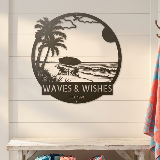 Decorative sign with 'Waves & Wishes' on a wall above a bench with baskets and shoes.